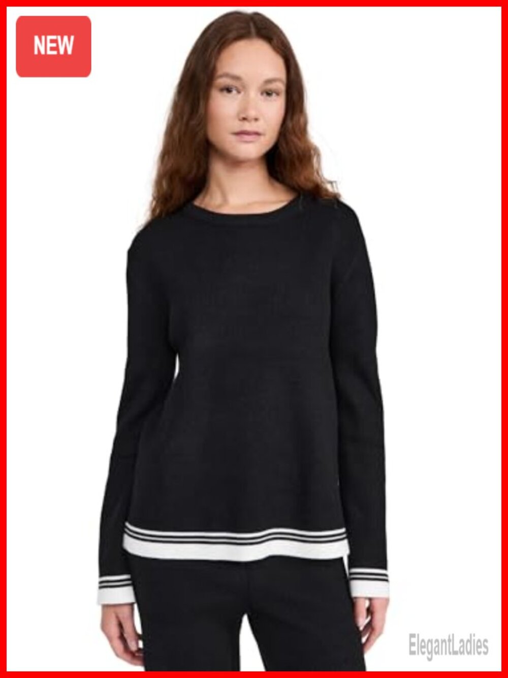 Contrast Stripe Detail Knit Top Long Sleeve Crew Neck Loose Fit Casual